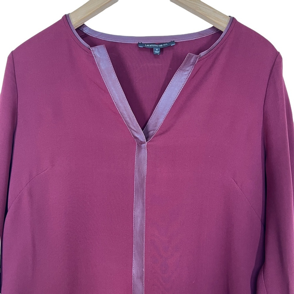 Lafayette 148 New York Maroon Side Zip Blouse Leather Neckline Size 6 - Picture 2 of 8